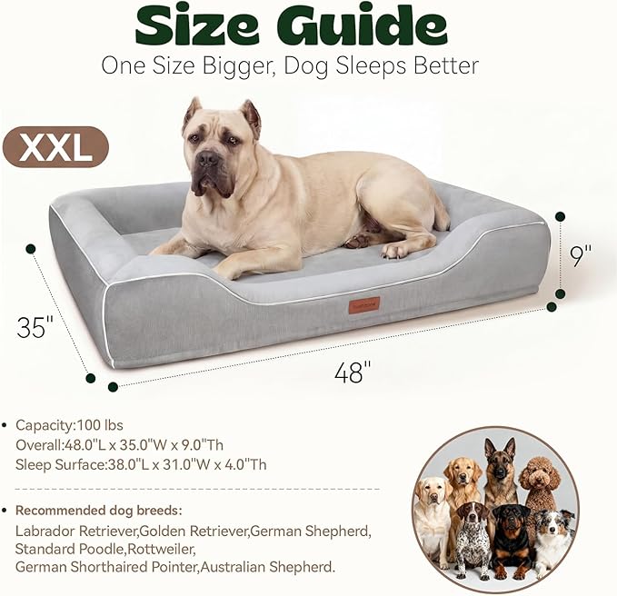 XXL Orthopedic Dog Couch Bed 48",Cooling Gel & Egg-Crate Memory Foam Dog Bed for Extra Large Dogs,Waterproof Removable Cover with High Resilience Bolster,Ideal for Senior Pets with Joint Pain,Grey