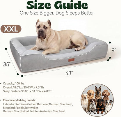 XXL Orthopedic Dog Couch Bed 48",Cooling Gel & Egg-Crate Memory Foam Dog Bed for Extra Large Dogs,Waterproof Removable Cover with High Resilience Bolster,Ideal for Senior Pets with Joint Pain,Grey