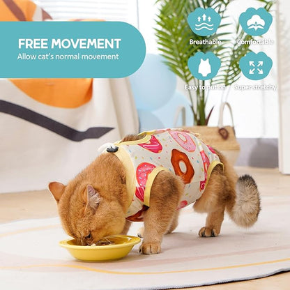 Avont Cat Recovery Suit - Kitten Onesie for Cats After Surgery, Cone of Shame Alternative Surgical Spay Suit for Female Cat, Post-Surgery or Skin Diseases Protection -Donut(L)
