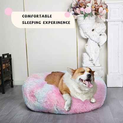 Calming Dog Bed for Medium Dogs Washable Donut 30 inches Anti-Slip Pet Bed,Round Fluffy Plush Faux Fur Cat Bed,Fits up to 45 lbs Pets,Multi Colored