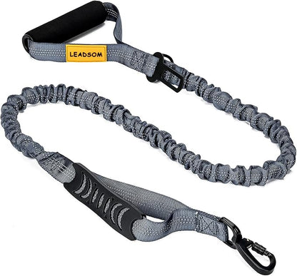 LEADSOM 6FT Highly Reflective Heavy Duty Elastic Bungee Medium and Large Dog Leash Shock Absorbing with Comfortable Padded Handle and Traffic Handle Suitable for Training Grey
