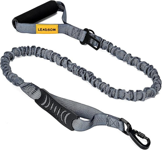 LEADSOM 6FT Highly Reflective Heavy Duty Elastic Bungee Medium and Large Dog Leash Shock Absorbing with Comfortable Padded Handle and Traffic Handle Suitable for Training Grey
