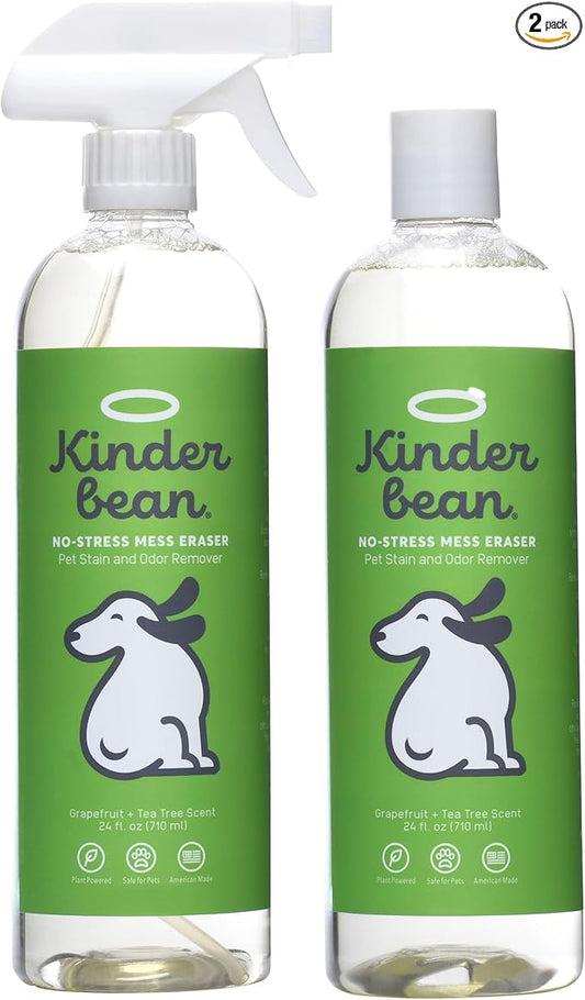 Kinderbean Dog & Cat Urine Stain and Odor Eliminator for Carpet, Upholstery, Hard Floors - 2-Pack 24 oz., Grapefruit Tea Tree Scent, Enzyme Bio-Active Formula with Squeeze and Spray Top