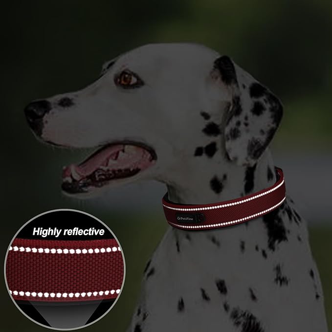 PetiFine Dog Collars for Medium Dogs, Neoprene Padded and Adjustable, Reflective Wide Heavy Duty Pet Collars with Durable Metal Belt Buckle for Walking, Red, M