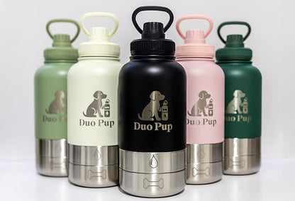 DuoPup 32oz Insulated Stainless Steel Pet Water & Food Bottle – Portable Leak-Resistant Dispenser with Two Detachable Bowls & Carrying Strap – Travel, Hiking & Outdoor Pet Hydration – Dark Green