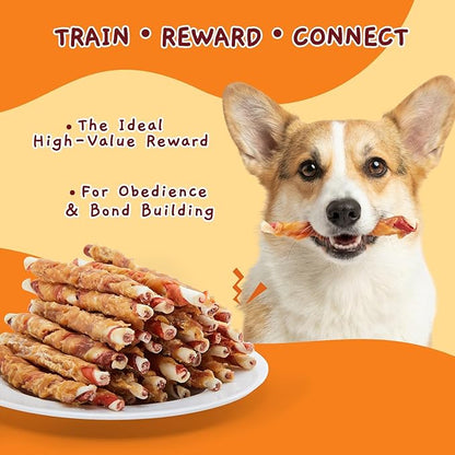 Jungle Calling Dog Treats, Natural Chicken Wrapped Rawhide Sticks for Small Medium Dogs, Long Lasting Dog Rawhide Chews for Teeth Cleaning, Grain Free Training Rewards, 1.10 lb