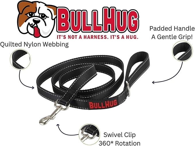 BULLHUG 6 FT Bulldog Leash with Padded Handle. Perfect for Bulldogs, French Bulldogs, Pugs & All Breeds. Leashes for Walking, Training Lead for Bulldogs (Reflective Stitching, Black)