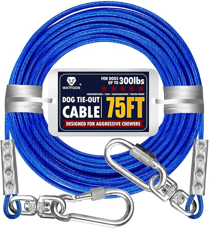 Tie Out Cable for Dogs Up to 300lbs,75ft Extra Strong 1000lbs Break Strength Tie-Out Tether Trolley Training Lead,Dog Run Cable for Yard Garden Park Camping Outside (Reflective Blue, 300lbs 75ft)
