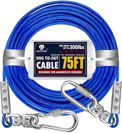 Tie Out Cable for Dogs Up to 300lbs,75ft Extra Strong 1000lbs Break Strength Tie-Out Tether Trolley Training Lead,Dog Run Cable for Yard Garden Park Camping Outside (Reflective Blue, 300lbs 75ft)