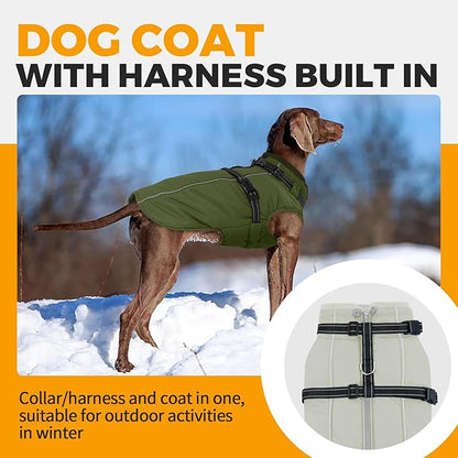 Lelepet Waterproof Dog Jacket with Harness Built in Warm Dog Winter Coat, Reflective Fleece Jacket, Dogs Coats for Lage Dogs, Thermal Pet Snowsuit for Outdoor Walking, French Bulldogs, Army Green, L