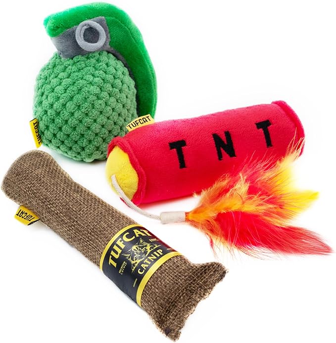 TUFCAT Cat Toy Grenade TNT and Cigar, Cat Toys for Indoor Cats, Kitten Toys, Catnip Toys for Cats of All Breeds, Action Themed Fun for Kicking, Biting, Chewing (Grenade, TNT, & Cigar, 3-Pack)