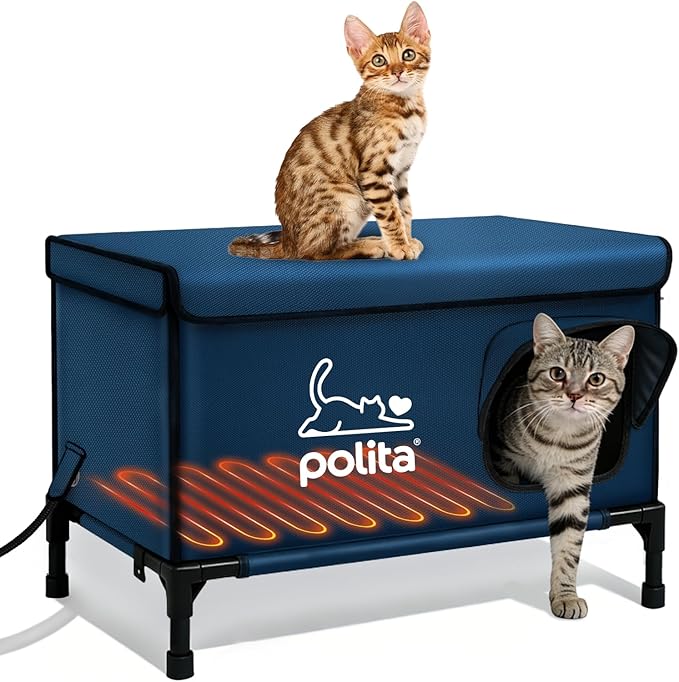 Polita Indestructible Heated Cat House for Outdoor Cats in Winter, Extremely Insulated & 100% Weatherproof, Elevated Feral Cat Shelter with Waterproof Eaves & Safe Escape Door for Stray & Barn Cats