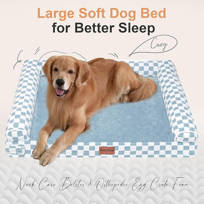 Large Dog Bed Orthopedic Washable: Beds Bolster XXL Bed Big XLarge Dogs Egg Crate Foam Sofa Couch Waterproof Removable Cover - Blue Grid