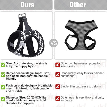 BEAUTYZOO Small Dog Harness and Leash Set,Step in No Choke No Pull Soft Mesh Dog Harnesses Reflective for Extra Small Medium Puppy Dogs and Cats, Plaid Dog Vest Harness for XS S Pets, Black XS