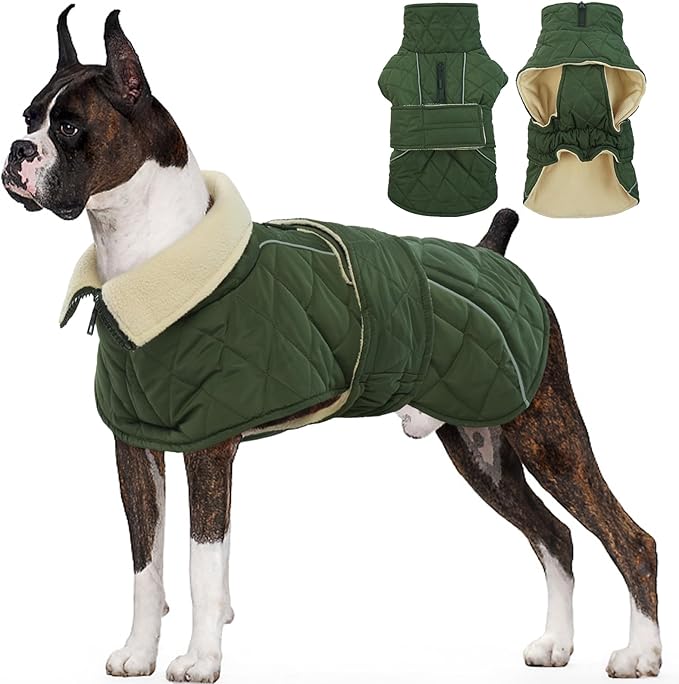 Kuoser Dog Winter Coat Waterproof Dog Snow Jacket, Warm Fleece Lined Pet Turtleneck Snowsuit Puppy Cold Weather Coats with Harness Hole, Adjustable Winter Vest for Medium Large Dogs, Green, L