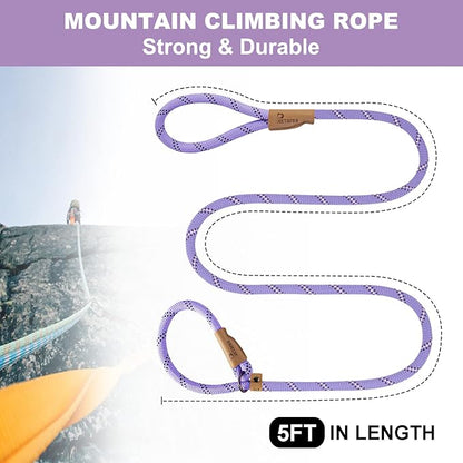5 FT Slip Lead Dog Leash, Heavy Duty Rope Leash for Small Medium Large Dogs, No Pull Training Lead with Reflective Thread, Strong Comfortable Loop Leash (Lavender Stripe, Large(1/2"))