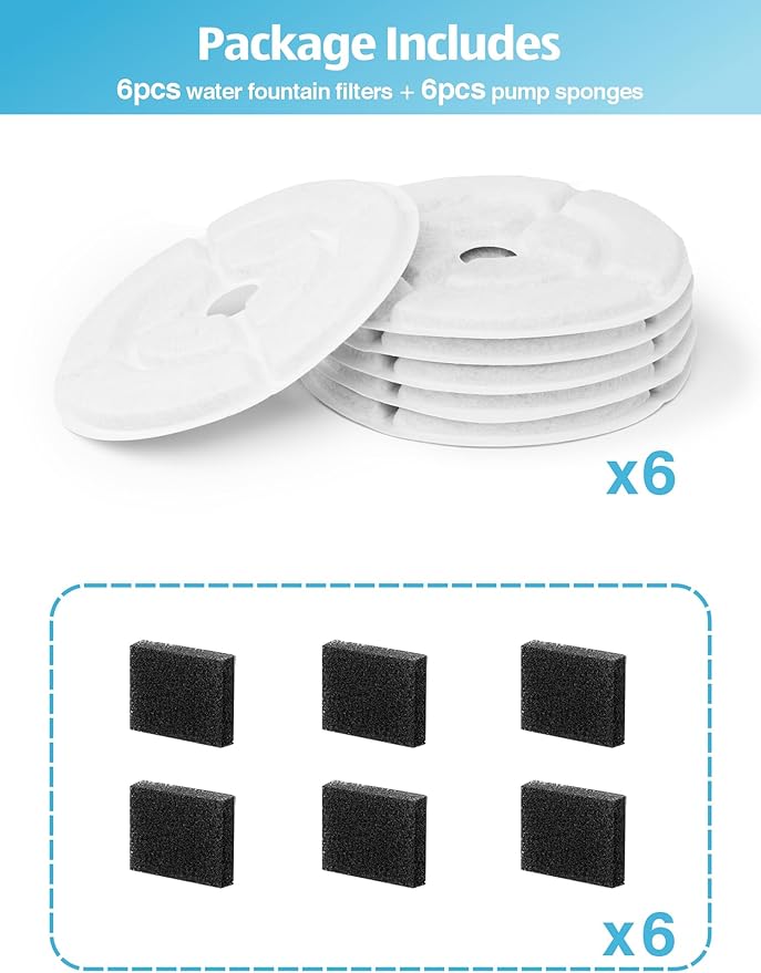 SIBAYS 6 Pack 7" Large Cat Water Fountain Filters Replacement for 2.5Gal/9.5L Dog Water Fountain(FS68) with 4 Layers Filtration System, Made of Coconut Shell Activated Carbon and PP Cotton(Model: L03)