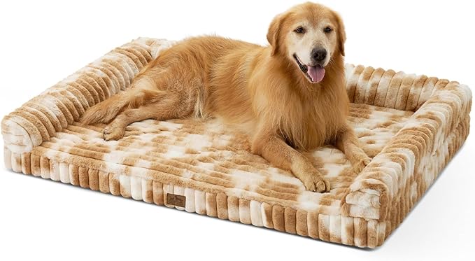 COZY KISS Cute Dog Bed for Extra Large Dogs, Faux Rabbit Fur Orthopedic Dog Bed with Sides, Removable Washable Cover & Waterproof Lining, Comfortable Pet Couch, Tie-Dye Brown (48" L x 35" W x 7.5" Th)