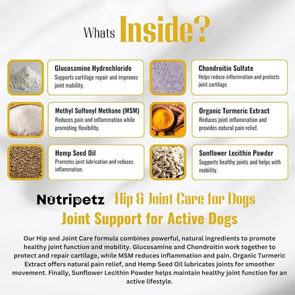 Hip & Joint Supplement for Dogs – NutriPetz Turmeric & Hemp Chews – Joint Pain Relief & Mobility Support – Glucosamine Dog Treats, All Breeds & Ages, 120 Soft Chews