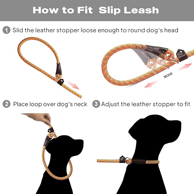 TwoEar 6FT Slip Lead Dog Leash, Heavy Duty Slip Leash for Dogs with Highly Reflective, Strong Rope Slip Leads No Pull Pet Training Leashes for Small Dogs (3/8", Orange)