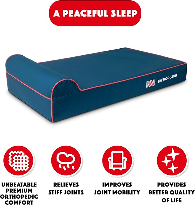 The Dog’s Bed Orthopedic Headrest Dog Bed XL Blue Oxford with Red Trim US Flag, Memory Foam, Hip & Elbow Dysplasia, Post Surgery, Lameness, Waterproof Washable Cover, Veterinary Approved