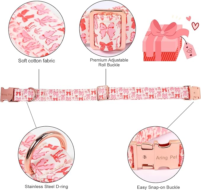 ARING PET Valentine's Day Collar for Dog, Cute Pink Sailor Bowtie Heart Puppy Pet Collars for Small Medium Large Girl Dogs-XS