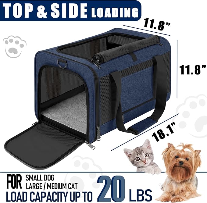 GAPZER Dog Carrier Soft/Cat Crates Large Cat 20 to 25 pounds/Softsided Pet Car Travel Carry Bag 15 Pound Puppy/Top Open Transport Kennel Navy