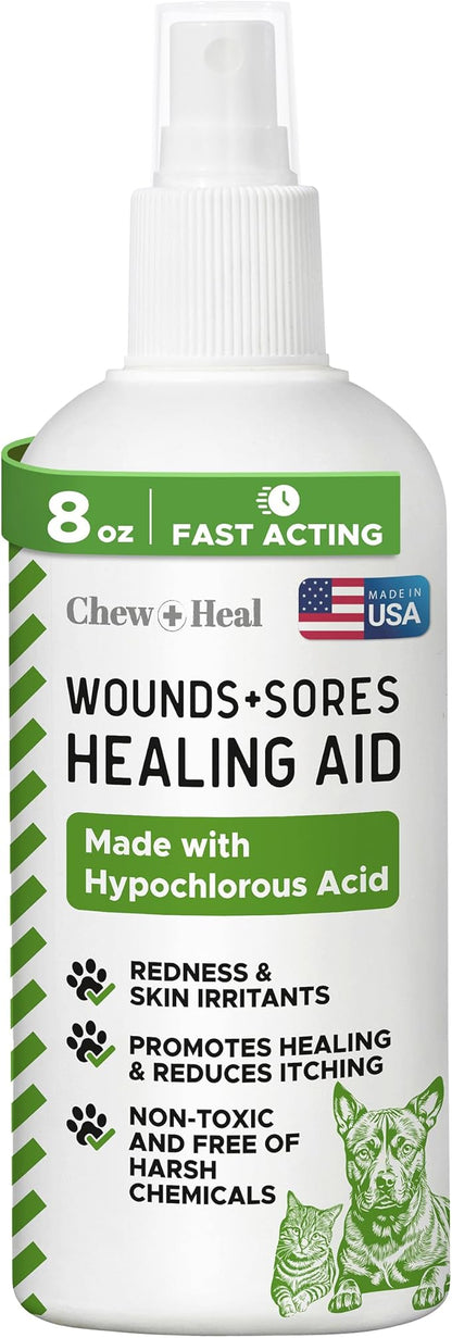 Chew + Heal Labs Hypochlorous Acid Spray for Dogs – 8oz Dog Wound Spray for Cuts, Burns, Sores, Abrasions, and More – Non Toxic and Chemical Free HOCI Wound Care – Made in The USA