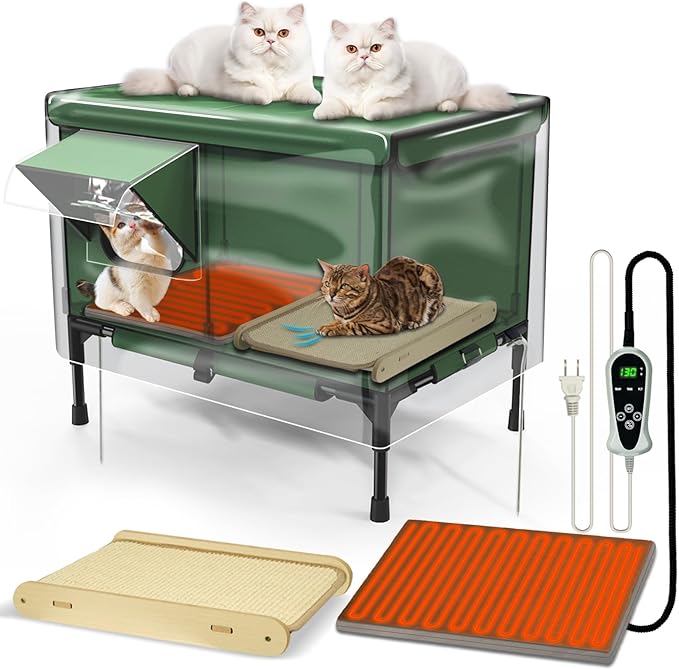 4-in-1 Heated Outdoor Cat House 24.8×22×16.1 inch Weatherproof with Heating Pad, Scratching Bed and Elevated Bed, Waterproof Windproof TPU Rain Cover, Large size Heated Cat House for Outdoor Cats