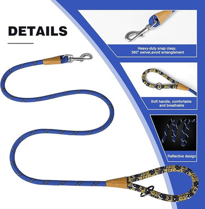 lynxking Rope Dog Leash 6 FT with Comfortable Padded Handle, Highly Reflective Threads Leash for Small Medium Large Dogs (Blue, 2PCS Large 1/2in x 6ft-Rope Clasp)