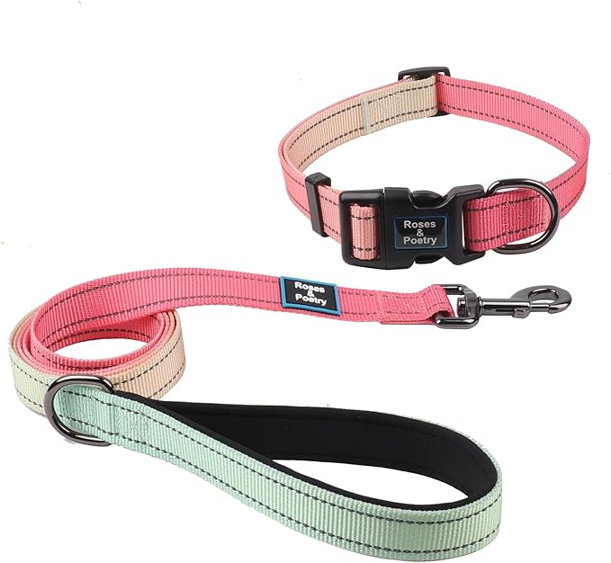 Roses&Poetry Pink Small Dog Collar and Leash Set, Puppy Reflective Leashes with Collars, Adjustable Durable Matching Collar Leash for Small Dogs Girl (Pink Gradient-XS)
