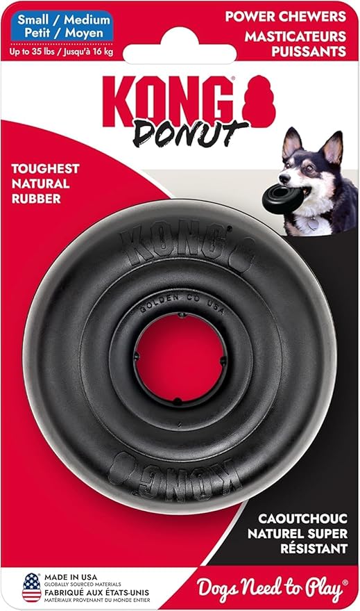 KONG Extreme Donut Dog Toy – Toughest Durable Natural Rubber Chew Toy for Power Chewers – Safe on Teeth & Gums, Fun Bounce & Roll for Indoor and Outdoor Play (Small/Medium)