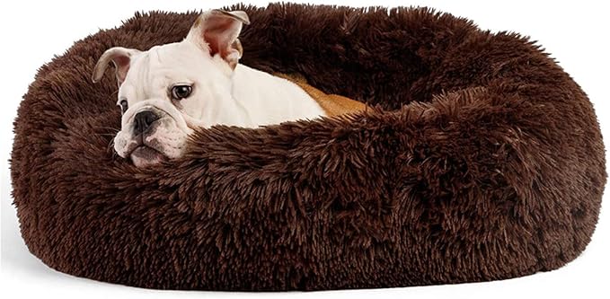 Calming Dog Bed for Medium Dogs Washable Donut 30 inches Anti-Slip Pet Bed,Round Fluffy Plush Faux Fur Cat Bed,Fits up to 45 lbs Pets,Chocolate Brown