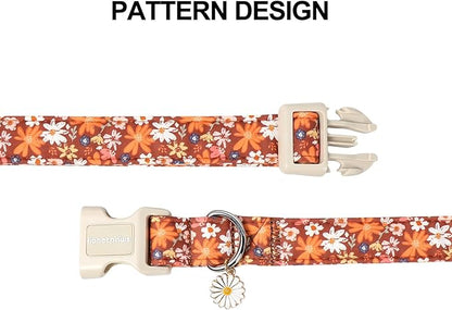 Lionet Paws Vintage Floral Dog Collar- Cute Fall Groundsel Oxalis Golden-Rod Dog Collars with Plastic Buckle,Light Adjustable Brown Dog Collars for Medium Large Dogs
