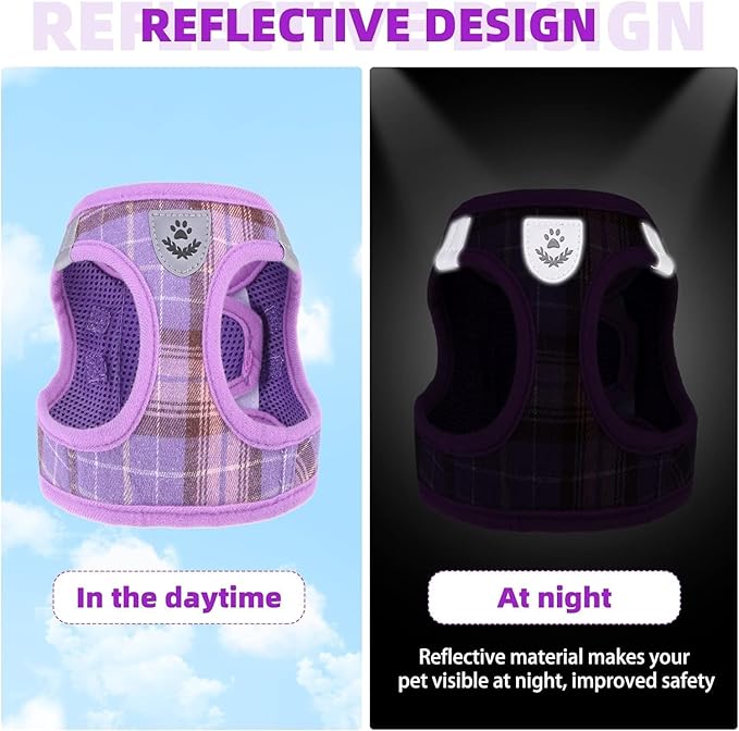KOOLTAIL Dog Harness and Leash Set for Small Medium Dogs, Step in No Pull Soft Mesh Dog Harness Comfort Padded Pet Vest, Adjustable Reflective Easy Walking Puppy Cats Harness Training, Plaid Purple XS