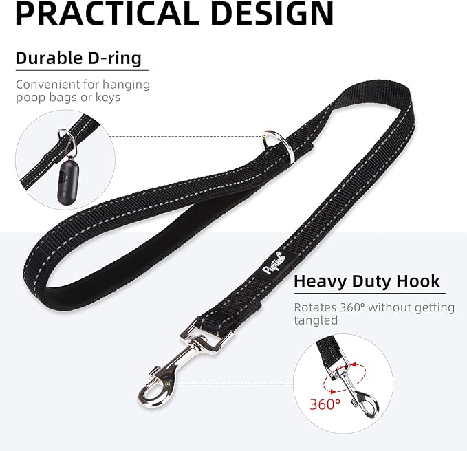 PUPTECK Reflective Dog Leash with Comfortable Padded Handle Durable Nylon Dog Lead for Small Medium and Large Dogs Cats Walking Running Training Outside, Black