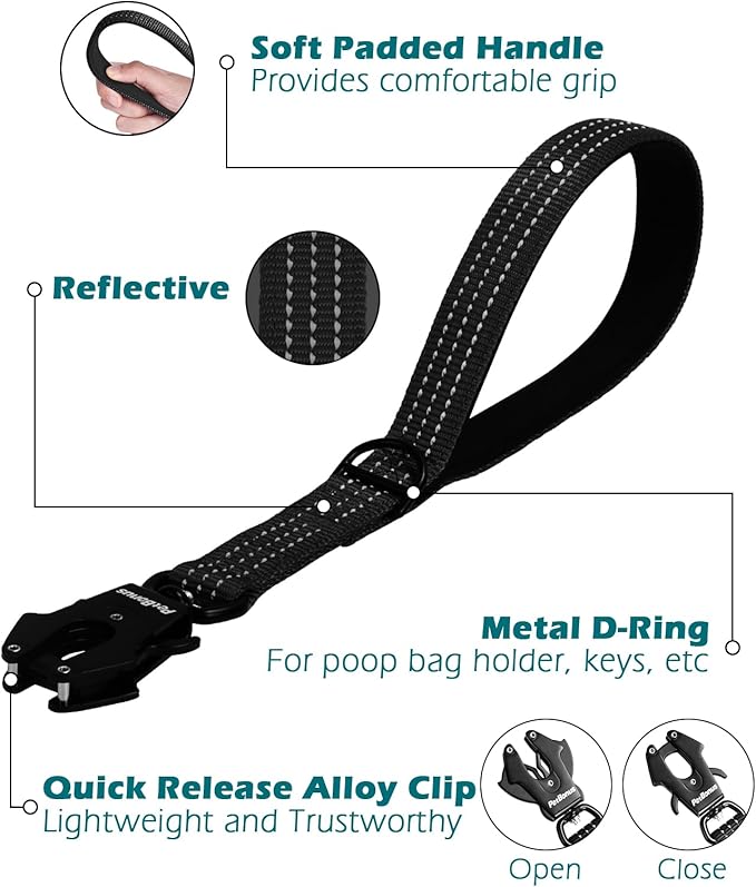 PetBonus Heavy Duty Short Dog Leash, 12 Inch Nylon Traffic Leash with Quick Release Clip, Comfortable Padded Handle, Reflective Training Lead for Medium Large Dogs (Black, 12")