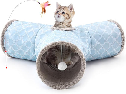 Tempcore Cat Tunnels for Indoor Cats Fleece-Lined in for Warmth, Pet Tube Toys 3 Way Collapsible, Pet Play Tunnel with Peek Hole Toy Ball for Kitty, Kitten, Rabbit, Geometry Blue