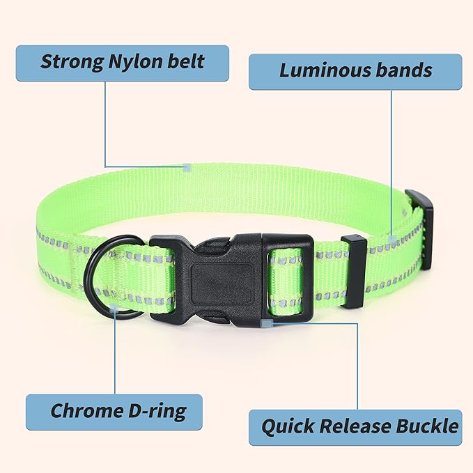 Mile High Life Reflective Dog Collar, Basic Dog Collars Adjustable Quick Release, Soft Nylon Pet Collar with Metal D-Ring for Small Medium Large Dogs (Lime, L Neck15-19")