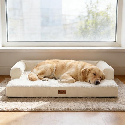Casa Paw Orthopedic Dog Beds for Extra Large Dogs, Waterproof Egg Crate Foam XL Dog Bed with Sides 45x35Inch, Big Dogs Couch Beds with Removable Washable Cover and Nonskid Bottom, Beige