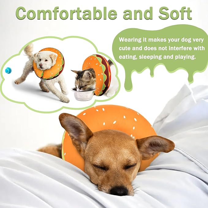 Inflatable Dog Cone Collar for Large Medium Small Dogs, Soft Adjustable Recovery Cone Collar for Dogs Cats,Dog Neck Donut Cone Alternative After Surgery(Hamburger,Small