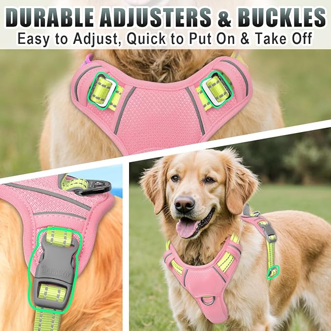 BARKBAY No Pull Dog Harness Large Reflective Dog Harness with Front Clip and Easy Control Handle for Walking Training Running with ID tag Pocket(Baby Pink & Sunlight,M)