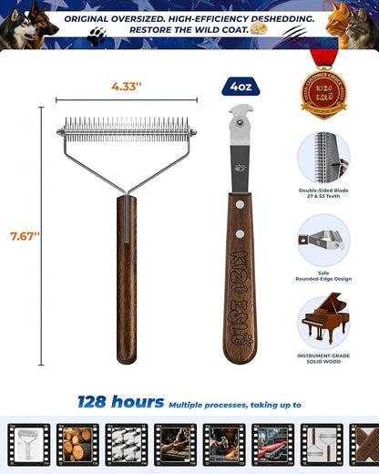 Extra Large 2-Sided Dog Brush For Shedding Undercoat Rake for Dogs & Cats, Remove Mats, Dematting Comb,Gentle Grooming Brush for German Shepherds Medium to Long-Haired Pets(Premium Walnut Handle)