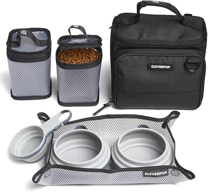 Cleverpup, Small 7-Piece Bistro Box Dog Food Travel Kit, 6-Cup Kibble Storage, 2 Silicone Bowls, Mat & Scoop - Premium Portable Pet Food Kit for Weekends, Overnights, Daycare & Camping, Graphite