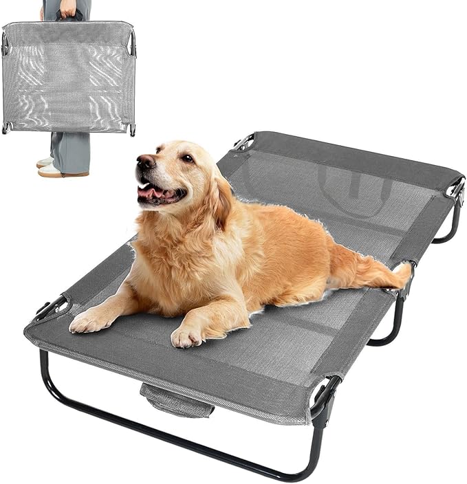 everfront Dog Elevated Bed Foldable Portable Raised Bed Camping cot Outdoor Summer Dog Bed (Large, Grey-Textilene)