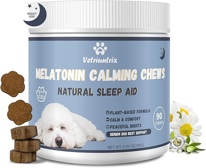Vetriuntrix Melatonin for Dogs, Dog Calming Chews for Sleep Aid, Fireworks, Storms, Thunder, Barking, Separation, Calming Chews for Dogs with Valerian Root & L-Theanine, 90 Count