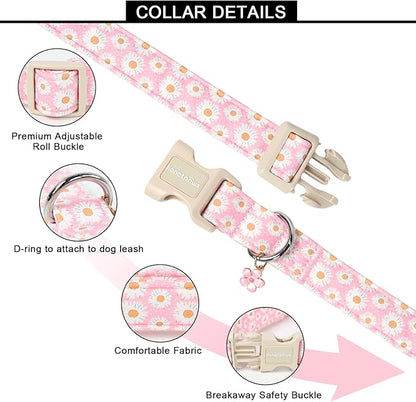 Lionet Paws Floral Dog Collar- Cute Daisy Pink Dog Collars with Plastic Buckle, Light Adjustable Dog Collars for Small Medium Dogs
