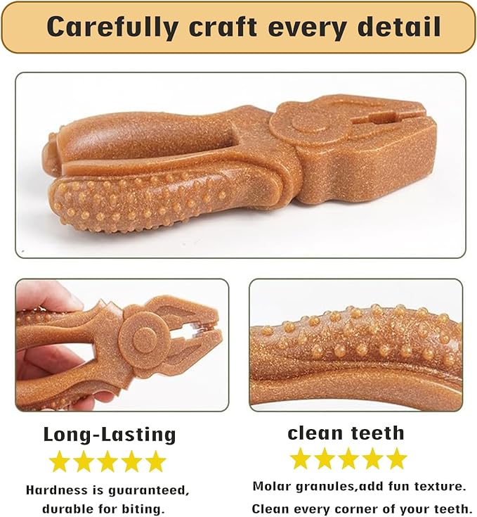 Dog Chew Toys, Aggressive chewer toy for Medium& Large dogs, Made of real pine wood and durable Food-Grade nylon, with Tool Shape Design for Dental Cleaning and Long-Lasting Chewing (brown-2 pieces)
