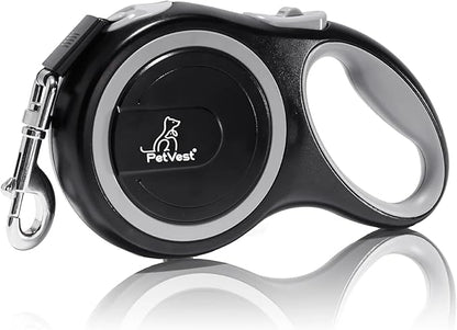 PetVest Retractable Dog Leash – Extendable up to 16 FT, Heavy Duty Nylon Tape, No-Tangle, One-Handed Brake & Lock, for Small to X-Large Dogs up to 110 lbs (Black)