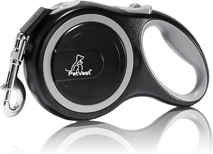 PetVest Retractable Dog Leash – Extendable up to 26 FT, Heavy Duty Nylon Tape, No-Tangle, One-Handed Brake & Lock, for Small to X-Large Dogs up to 110 lbs (Black)